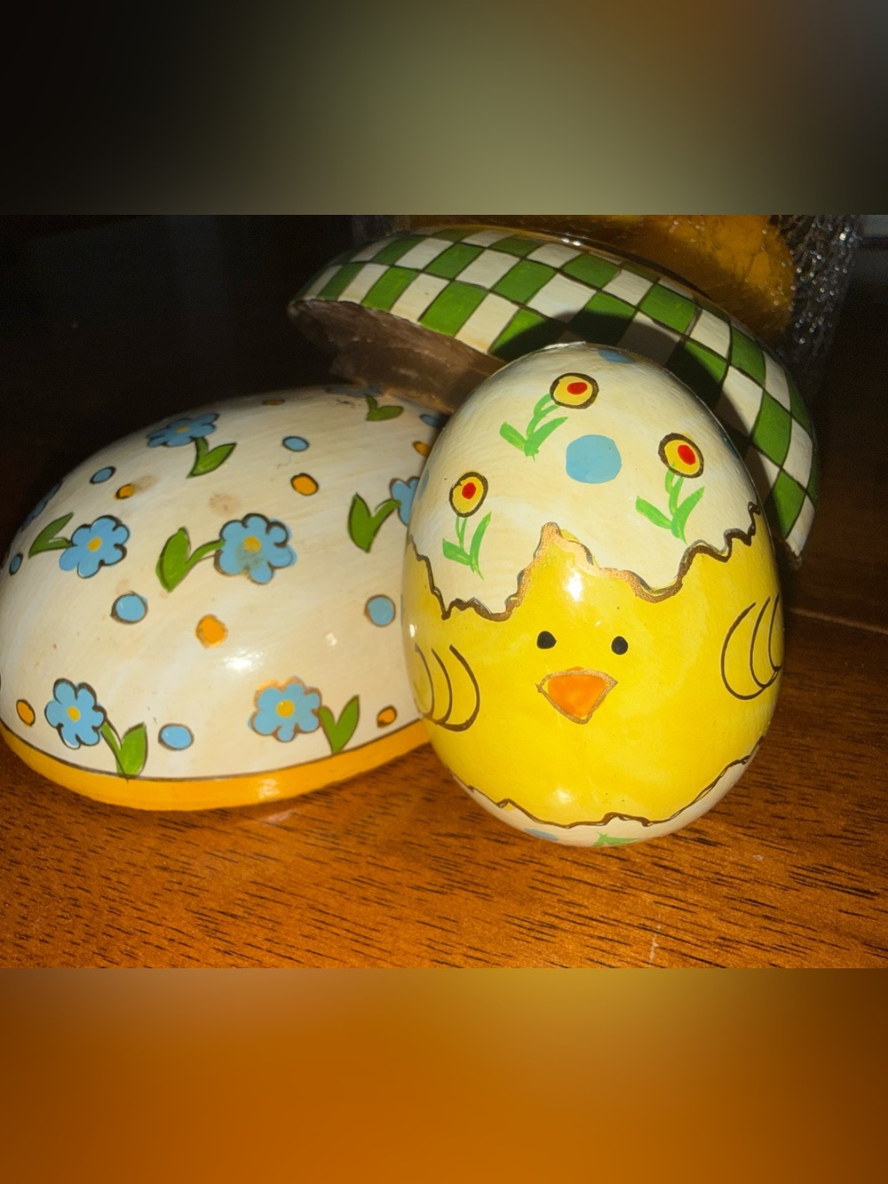 Vintage 70s Hand-painted Wooden Nesting Egg Set Kashmir Checker Board Motif